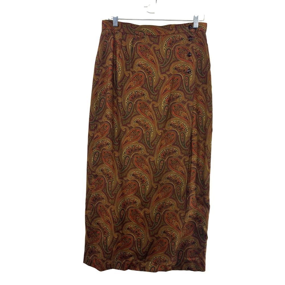 CARROLL REED Women's Paisley Maxi Skirt Size 14 Brown Orange Button Front Lined